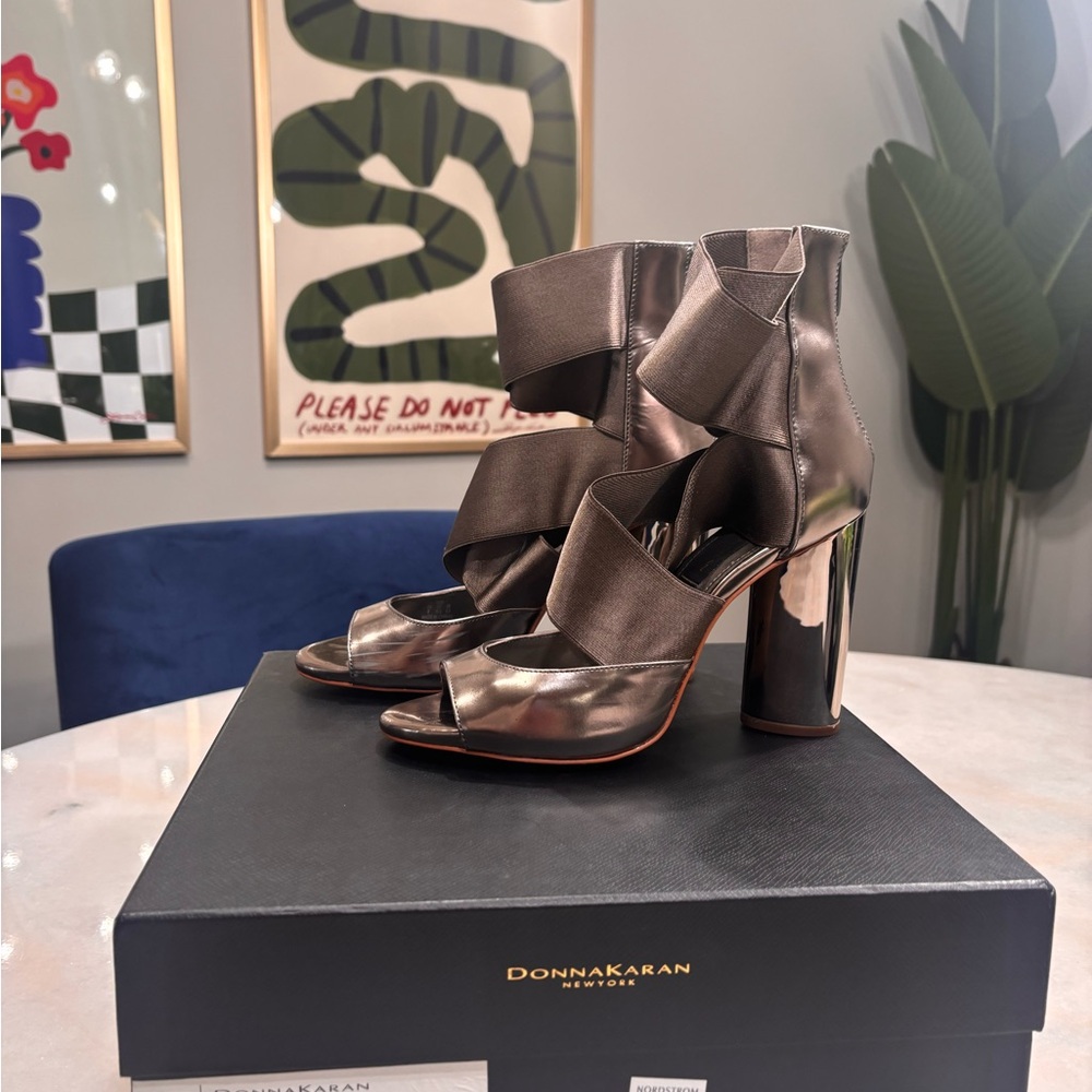Donna Karan Silver Heels with Chunky Block Heel and Ankle Strap